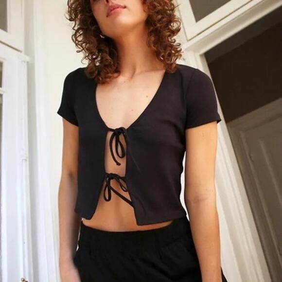 Wilfred Free Only Tie Front Tee XS Black Ribbed Modal Scoop Neck Short Sleeve - Picture 1 of 7